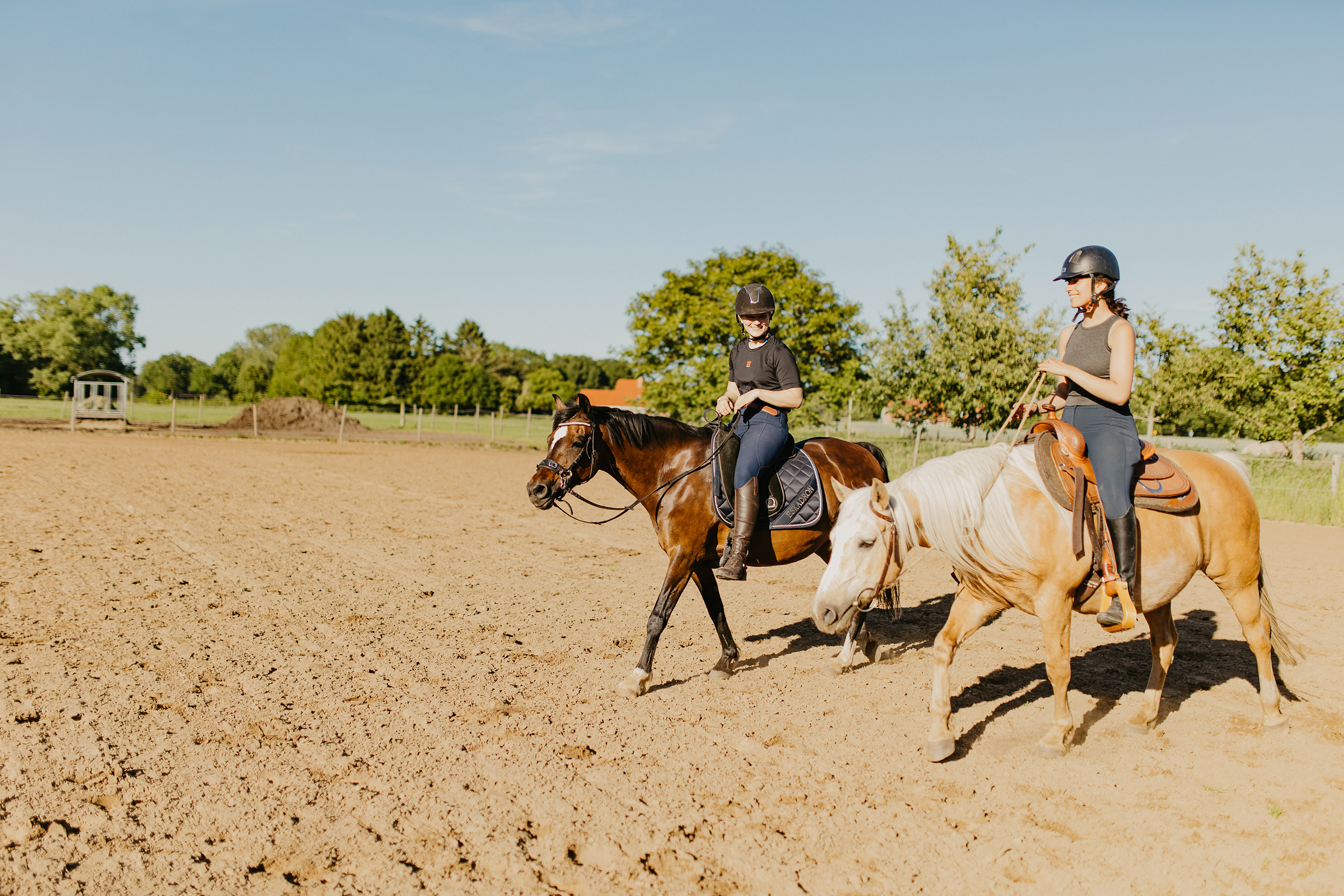Auf dem Reitplatz von Gut Landegge reiten zwei Personen mit Helm auf einem braunen Pferd und einem hellen Pony.